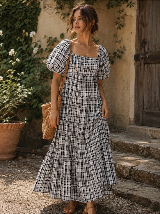 Faithfull the Brand Dresses & Skirts - Faithfull the Brand Black White Plaid Cotton Puff Sleeve Tiered Maxi Dress S